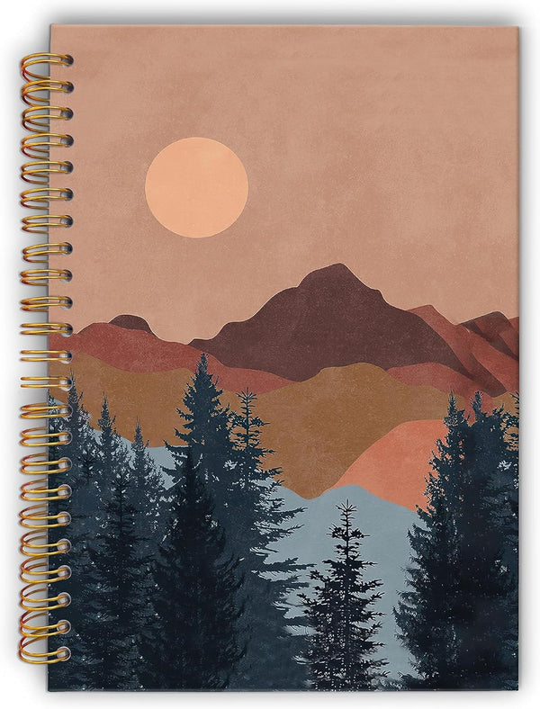 Boho Sun Mountain Abstract Spiral Notebook, Laminated Hard Cover, College Ruled 5.5×8.3 Inches, Journal for Writing