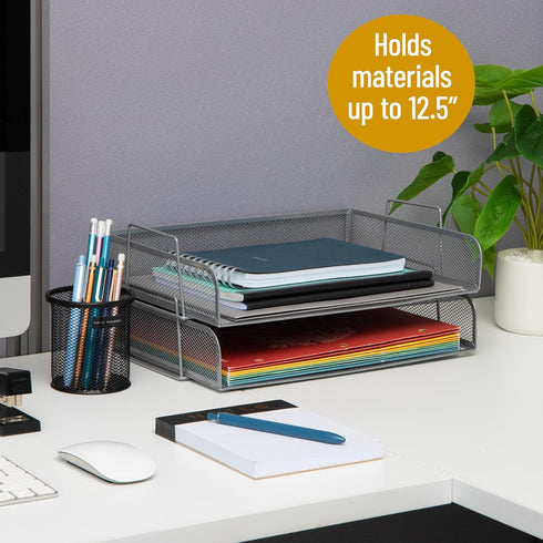 Mind Reader 2 Pcs. Stackable Paper Tray, Metal Mesh Desktop Organizer for File Storage, 14" L x 9.75" W x 6" H, Silver