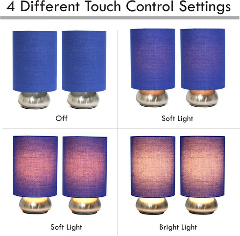 LT2016-BLU-2PK 2 Pack Set Simple Designs Gemini Brushed Nickel Mini Touch Lamp with Fabric Shades, Blue