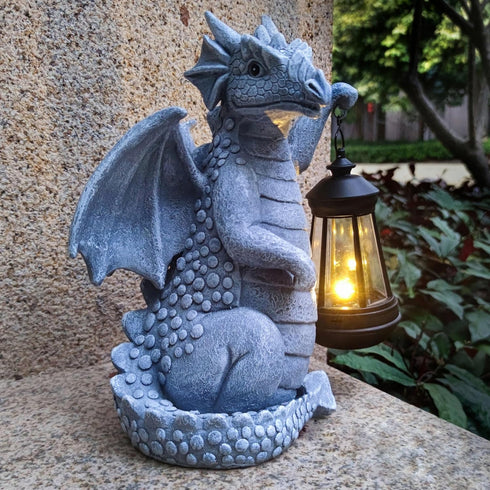 Qobumy Solar Dragon Garden Statue Decoration with Solar Lantern,Dragon Figurine Lights Outdoor Dcor for YardLawn