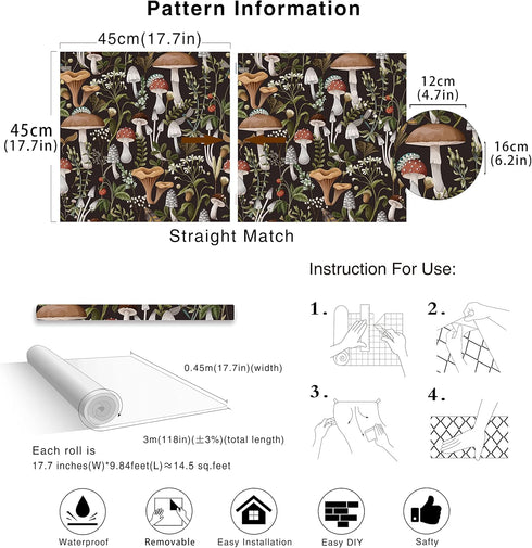 HAOKHOME 93279 Peel and Stick Boho Mushroom Wallpaper for Bathroom, Black/Brown/Green 17.7in x 9.8ft