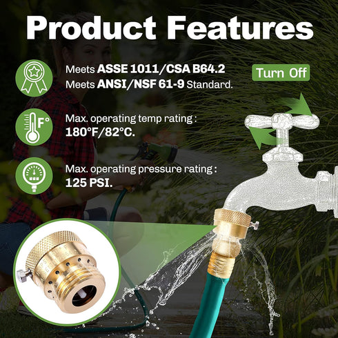 2 Pack Brass GHT Hose Bibb Connector, 3/4" Inch Backflow Preventer Vacuum Breaker