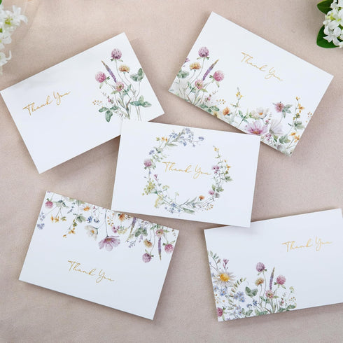 50 PACK 4x6 ponatia Floral Thank You Cards With Envelopes - Gold Foil Wildflower Greeting Cards With Adhesive Envelopes