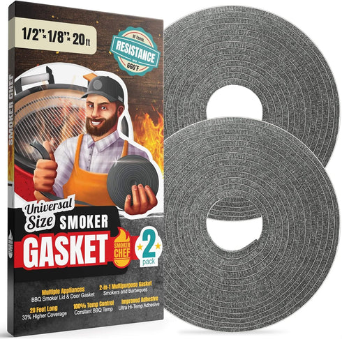 XXL 20 FT Smoker Gasket Seal, 1/2’’ x 1/8’’ Hi-Temp Grill Gasket, 2-Pack Self Stick Grey Nomex Seal