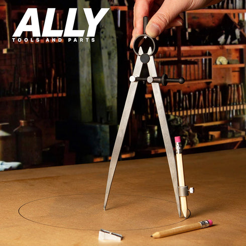 ALLY Tools 8 Inch Precision Locking Spring Divider/Woodworking Compass with Pencil Holder INCLUDES Two Pencils and Pencil Sharpener Ideal for Drawing, Drafting, Carpentry by ALLY Tools and Parts