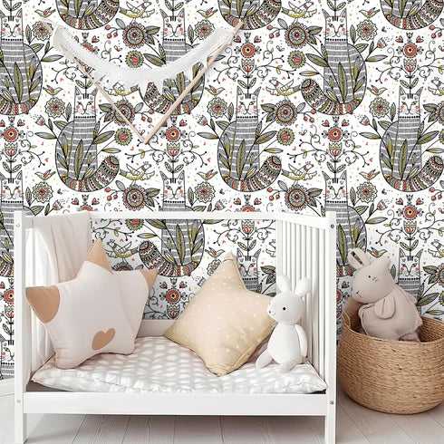 17.7''x354'' VEELIKE Boho Cat Wallpaper Peel and Stick Cat Themed Floral Wallpaper for Nursery Playroom Kids Room
