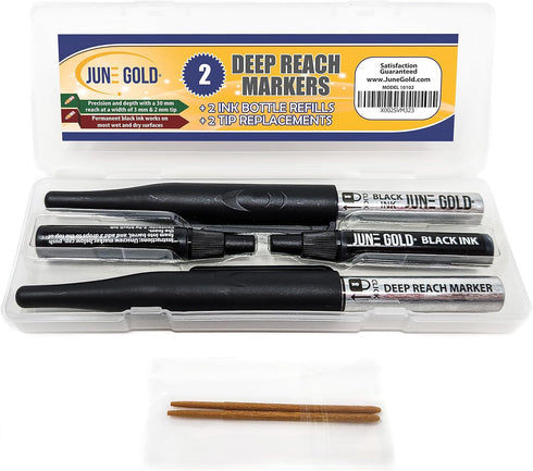 June Gold 2 Black Deep Reach Markers, 2 Ink Refill Bottles, 2 Tip Replacements, 30 mm Reach & 2 mm Felt Tip