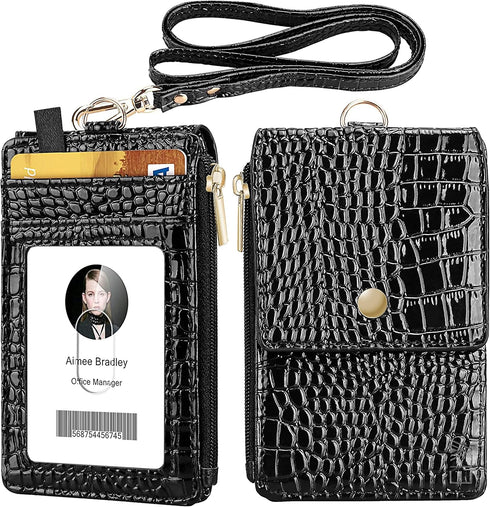 ELV Black Badge Holder with Zipper, PU Leather ID Wallet, 5 Card Slots, RFID Pocket & 20" Neck Lanyard Strap for ID