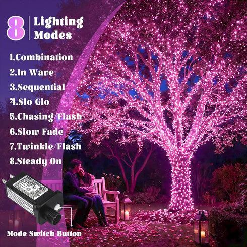 100FT 300 8 LED Outdoor String Lights, Connectable Pink Christmas Lights Indoor Waterproof with Modes, Plug in Twinkle
