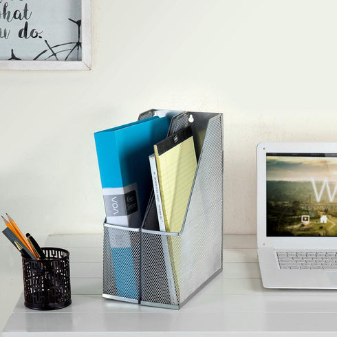 MyGift Silver Wire Mesh Document Holder, Set of 2, Wall Mounted or Desktop Magazine and File Rack