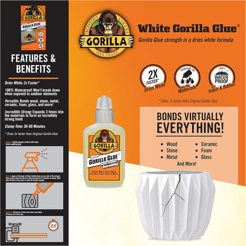 Gorilla White Gorilla Glue, Waterproof Polyurethane Glue, 2 Ounce Bottle