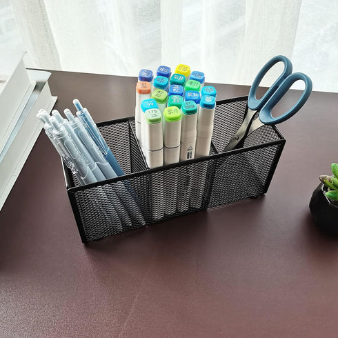 Black Mesh Pencil Holder, 3 Compartments Metal Desk Organizer for Pens, Kitchen Utensils, Small Office Supplies