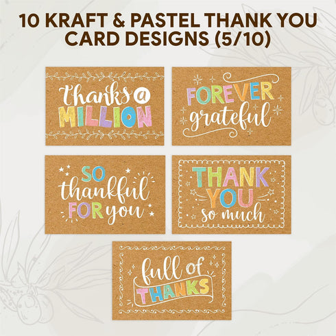 60 Pack 6x4in 10 Decorably Rustic Thank You Cards Bulk with Envelopes & Stickers, Folded Cute Kraft & Pastel Designs