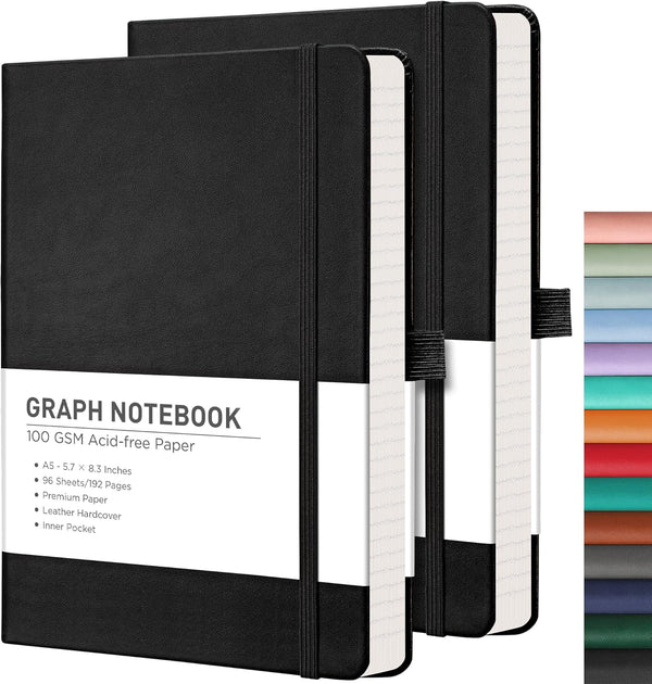 RETTACY Graph Paper Notebook 2-Pack, 192 Pages per Pack, Leather Hardcover, 5.7"x8.3"