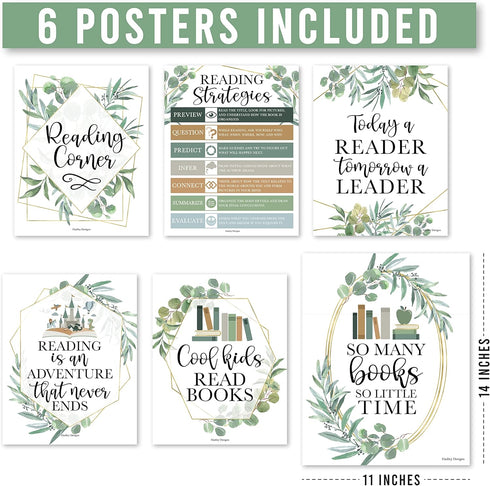 Hadley Designs Motivational Reading Posters for Classroom - 6 Reading Strategies Posters for School Library Decor