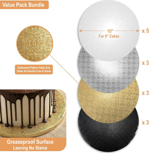 10 Inch (14 Pack) 1/2" BOARDS+ Cake Drums in White, Black, Silver & Gold Color | Thick CakeBoard Circle Rounds + Free