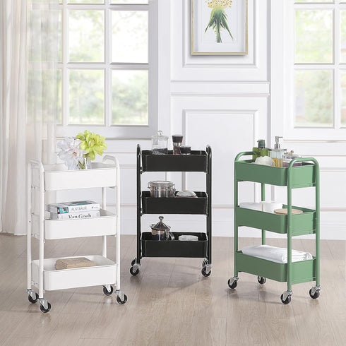SunnyPoint 3-Tier Compact Rolling Metal Storage Organizer, Mobile Utility Cart for Kitchen/Under Desk, WHT