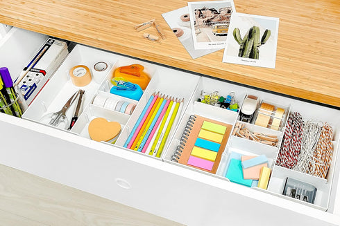 CAXXA 3 Slot Drawer Organizer, White - 4 Adjustable Dividers for Junk Drawer Storage, Office Desk Supplies