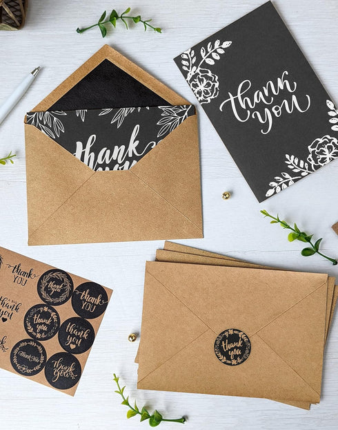 T&M Quality Designs LLC 120 6 4x6 Inch Elegant Black and White Chalkboard Kraft Thank You Cards with Kraft Envelopes