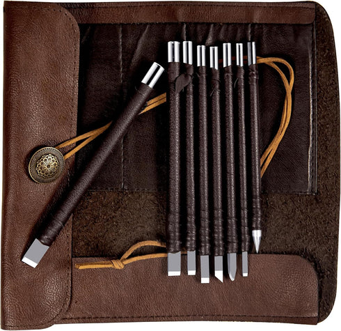 Tungsten Steel Chisel Set, 8 Pcs Metal Engraving Tools with Leather Sheath for Woodworking, Seal and Bamboo Carving
