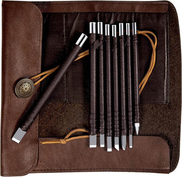 Tungsten Steel Chisel Set, 8 Pcs Metal Engraving Tools with Leather Sheath for Woodworking, Seal and Bamboo Carving