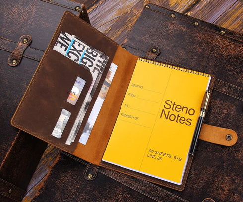Leather Cover for 6"x9" Steno Notebook, Compatible with Spiral Steno Pads, Brown