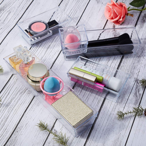 DCA 14 PCS Clear Plastic Drawer Organizer Tray, 4 Sizes for Makeup, Kitchen Utensils, Jewelry Storage