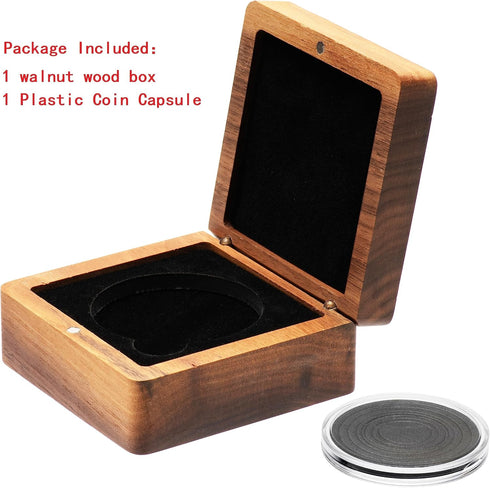 8cm Single Walnut Wood Challenge Coin Presentation Display Box Storage Case Square and Plastic Coin Capsules