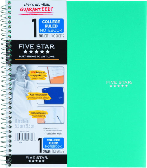 Five Star Spiral Notebook, 1 Subject, College Ruled, 11" x 8-1/2", Assorted Designs, 6 Pack