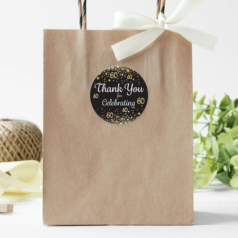Black and Gold 60th Birthday Party Thank You Stickers, Set of 40 Stickers