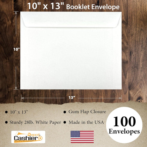 Cashier Depot 100 Booklet Envelopes, 10" x 13" (Open Side), Heavy 28lb Paper, Gum Flap, White