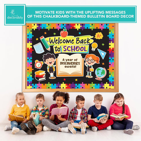 Decorably 80 Pcs Back to School Bulletin Board Set with Background Papers & Borders - Welcome Bulletin Board