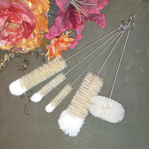 Stainless Steel Soda Bottle Cleaning Brush Set, Natural Boar Bristle Wool Tip, Long Handle for Narrow Neck Bottles (5)