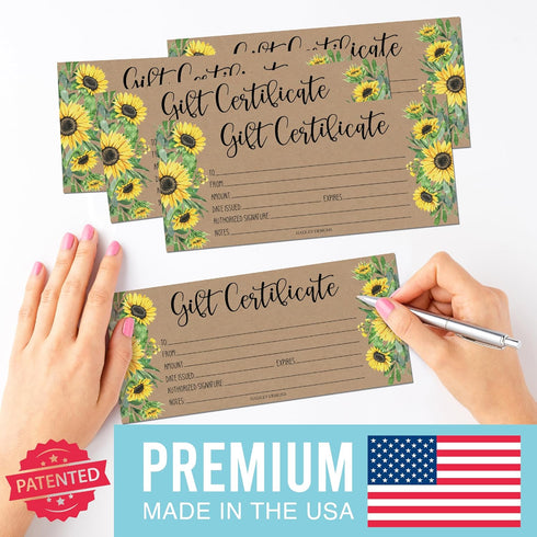 Hadley Designs Kraft Sunflower Blank Gift Certificates, 25 (4x9) for Business Gifts, Christmas, Spa Salon