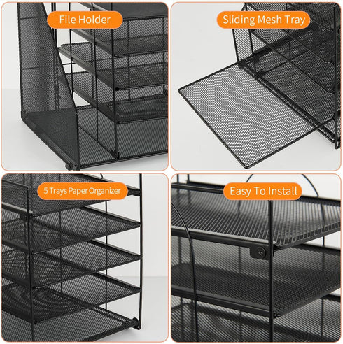 Desk Organizers and Accessories - 5-Tier Paper Letter Tray Organizer with File Holder for Office Supplies