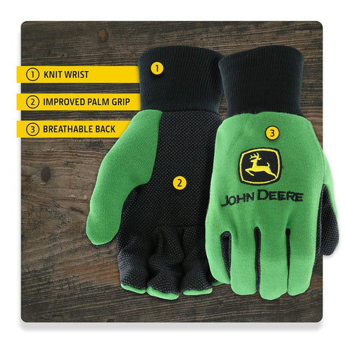 John Deere JD00002 Jersey Gloves, 10 oz Youth Gloves, Ribbed Knit Wrist, Green/Black