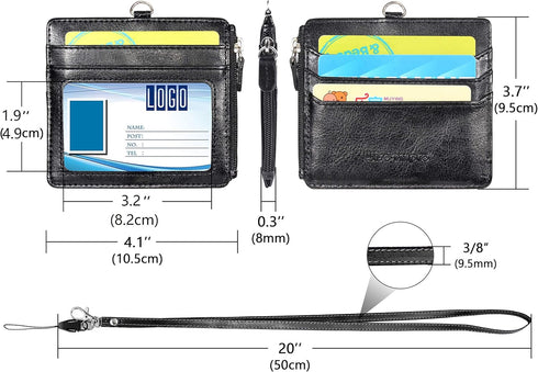 Wisdompro 2-Sided PU Leather ID Badge Holder with Zip, 1 ID Window, 4 Card Slots, 1 Side Zipper Pocket, 20 Inch Lanyard