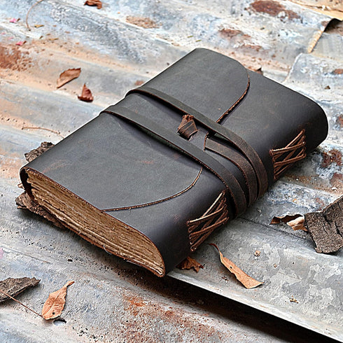 Vintage Leather Journal - 200 Pages Deckle Edge Rustic Paper, Unlined Book of Shadows, Grimoire, Sketchbook (Dark