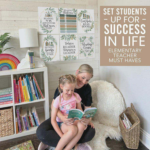 Hadley Designs Motivational Reading Posters for Classroom - 6 Reading Strategies Posters for School Library Decor