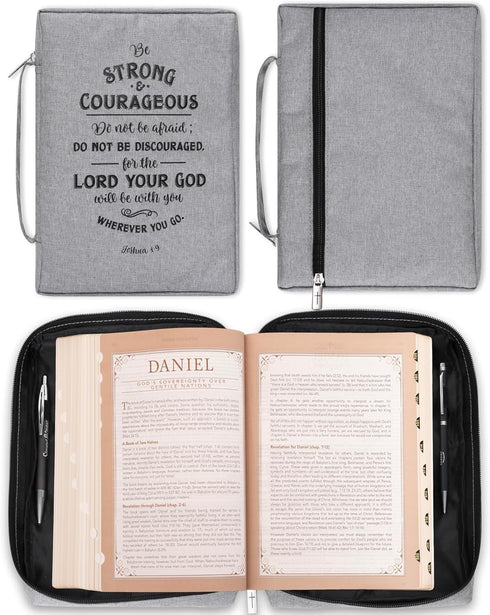 Christian Art Gifts Men's/Women's Bible Cover Strong & Courageous Joshua 1:9, Gray Canvas, Large