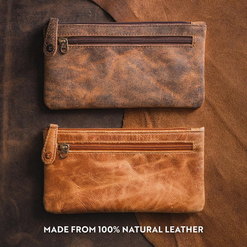 Moonster Leather Pencil Case Pouch, 8" x 4" - Leather Pen Case with Zipper Closure