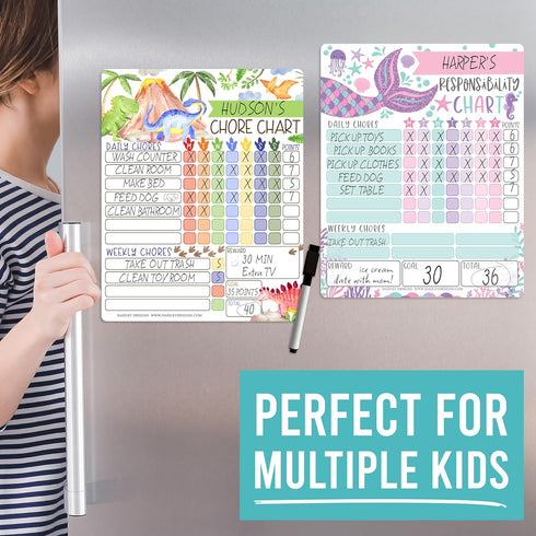 Magnetic Chore Chart for Kids - Good Behavior Dry Erase Daily & Weekly Responsibility List, Dinosaur Design