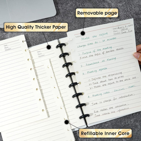 Discbound Notebook - Customizable Refillable 5 Subject Journal with 120 Wide Ruled Pages, 6 Binder Dividers & 16 Tabs,