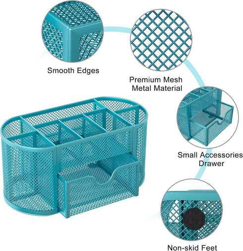 EasyPAG Mesh Desk Organizer, Multi-functional Stationery Holder for School Supplies, 9 Compartments, Blue