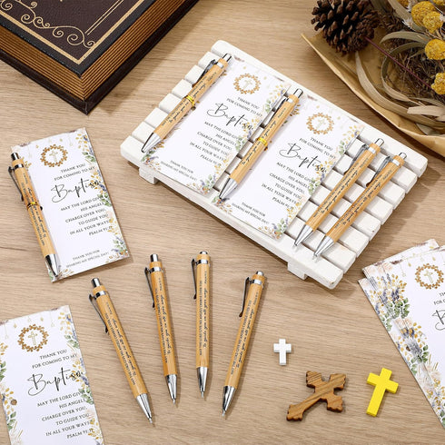 Skyygemm 50 Sets Communion Baptism Favors for Guests First Baptism Quote Bamboo Pens Cross Thank You Cards Christian