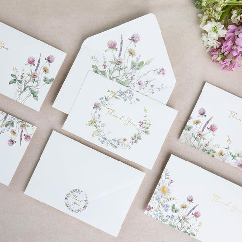 50 PACK 4x6 ponatia Floral Thank You Cards With Envelopes - Gold Foil Wildflower Greeting Cards With Adhesive Envelopes