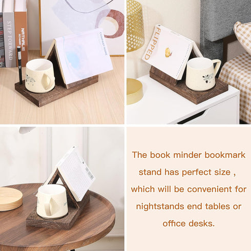 LETUBUYU Wooden Triangle Bookmark with Drink Holder, Night Stand Book Holder, Recipe Holder, Brown Wood Rest