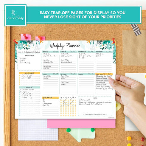Decorably Weekly Planner Pad Landscape, 52 Easy Tear-Off Sheets for Weekly To Do List, 11x8.5in