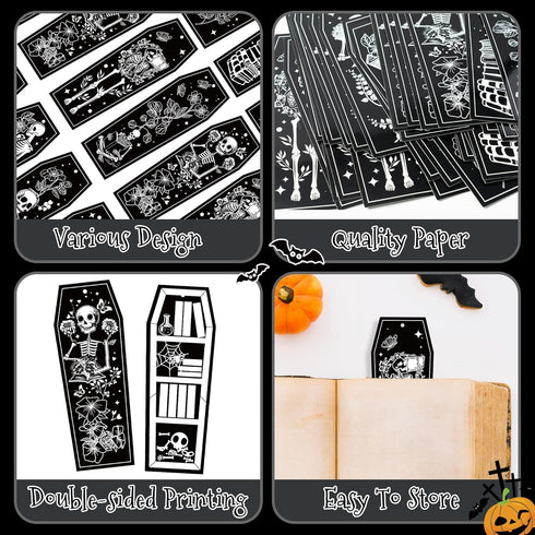 Haooryx Halloween Skeleton Coffin Bookmarks, 60Pcs Gothic Double-Sided Bookmarks with Black Tassels