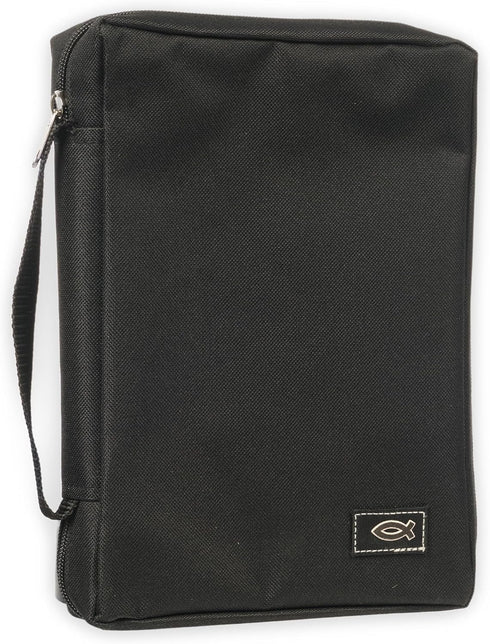 Christian Art Gifts Large Bible Cover for Men or Women, Secure Zipper, Black Canvas, Jesus Fish